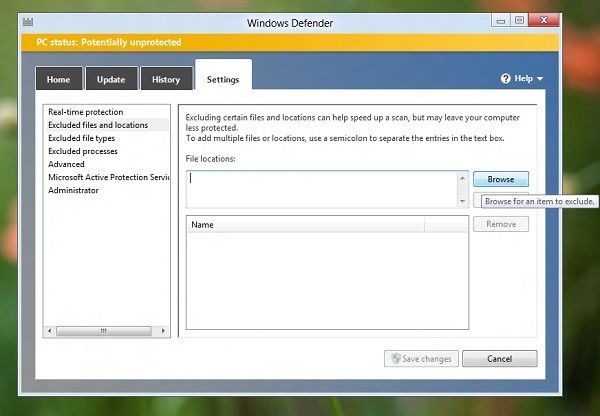 Innstillinger for Windows Defender